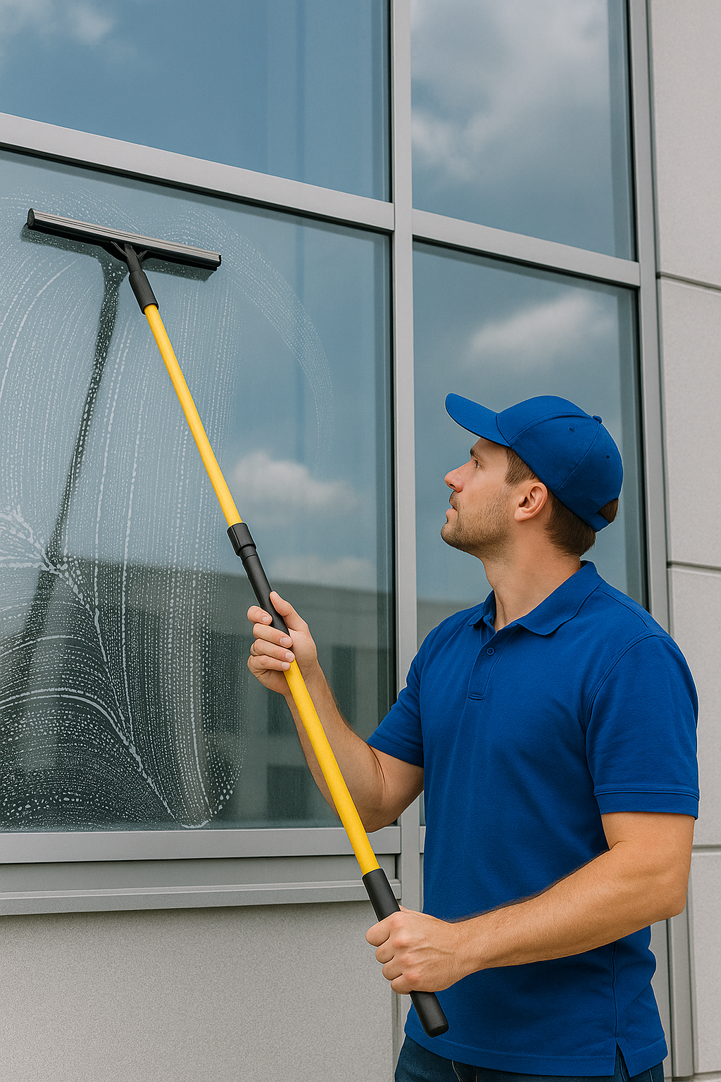 Professional window cleaner using a yellow telescopic pole to wash office building windows in Orange County.