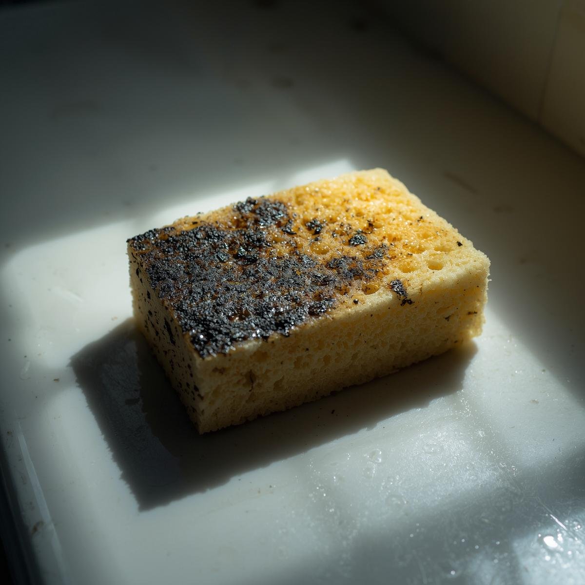 A still life photograph of a grimy, worn kitchen sponge, heavily saturated with dark, unidentifiable stains, placed prominently on a sterile, white countertop, lit with harsh, direct overhead lighting to emphasize its texture and the accumulated grime, creating a sense of unease and highlighting its unhygienic state.
