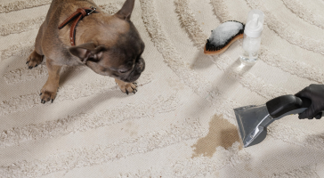 Family-friendly home scene with cleaner treating carpet stains while pets are naturally present in the space