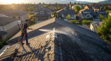 Professional storefront and office building exterior cleaning with technicians working on sidewalks and building surfaces in a polished business environment
