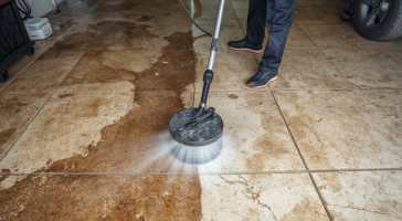 Powerful cleaning action showing removal of stains and dirt from concrete driveway with strong water pressure effects and visible surface transformation