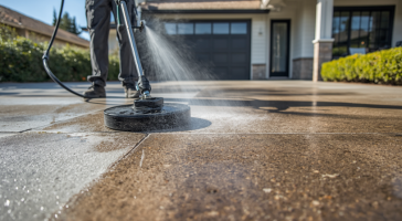 Modern Orange County home with professional technician actively cleaning driveway with realistic water spray and sunny California atmosphere