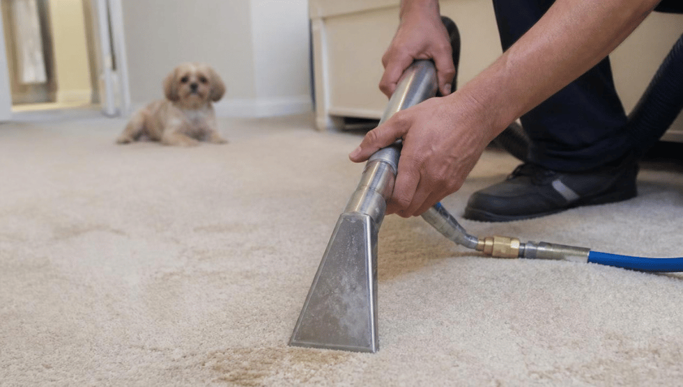 Family-friendly home scene with cleaner treating carpet stains while pets are naturally present in the space