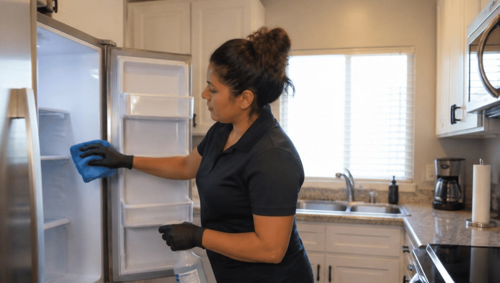 Professional storefront and office building exterior cleaning with technicians working on sidewalks and building surfaces in a polished business environment
