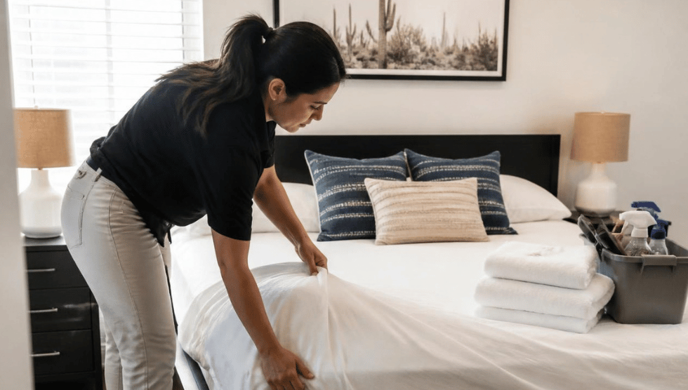 Modern Orange County home with professional technician actively cleaning driveway with realistic water spray and sunny California atmosphere