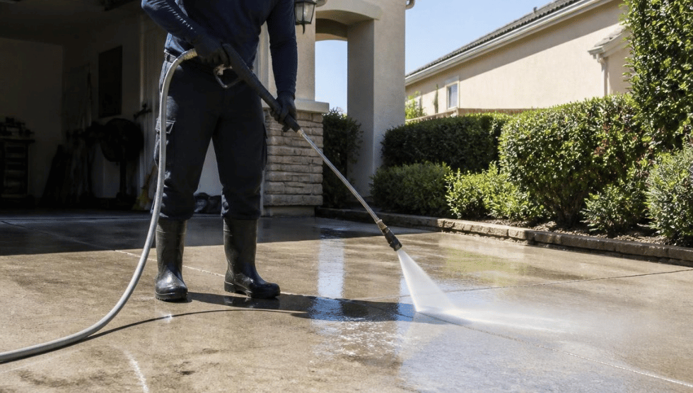 Modern Orange County home with professional technician actively cleaning driveway with realistic water spray and sunny California atmosphere