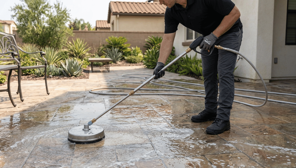 Powerful cleaning action showing removal of stains and dirt from concrete driveway with strong water pressure effects and visible surface transformation