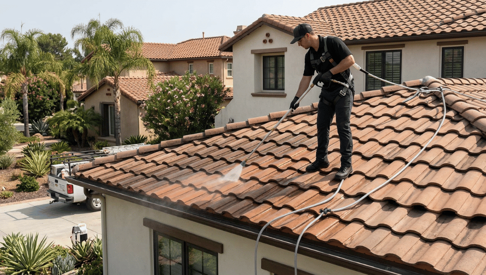 Professional storefront and office building exterior cleaning with technicians working on sidewalks and building surfaces in a polished business environment