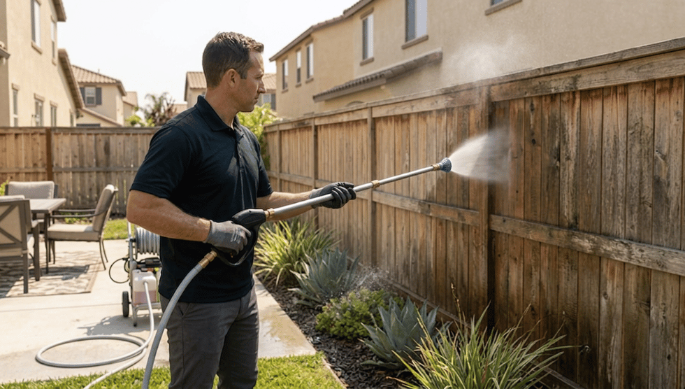 Safe professional roof and gutter maintenance with technicians on ladders removing debris from modern upscale home exteriors